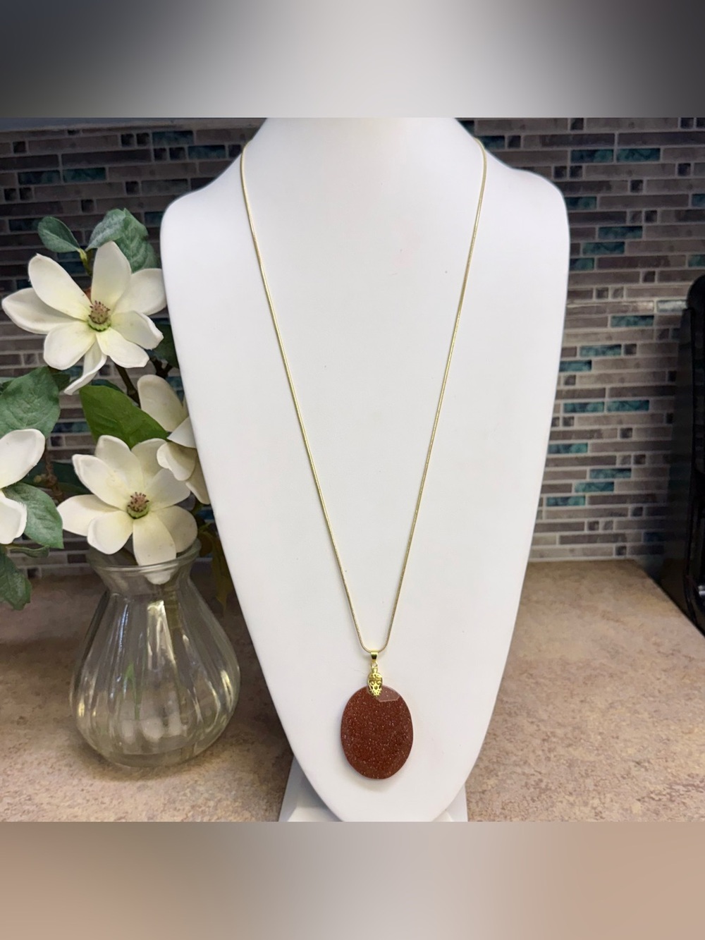 Hand crafted Goldstone Pendant Necklace Sparkling Statement Jewelry